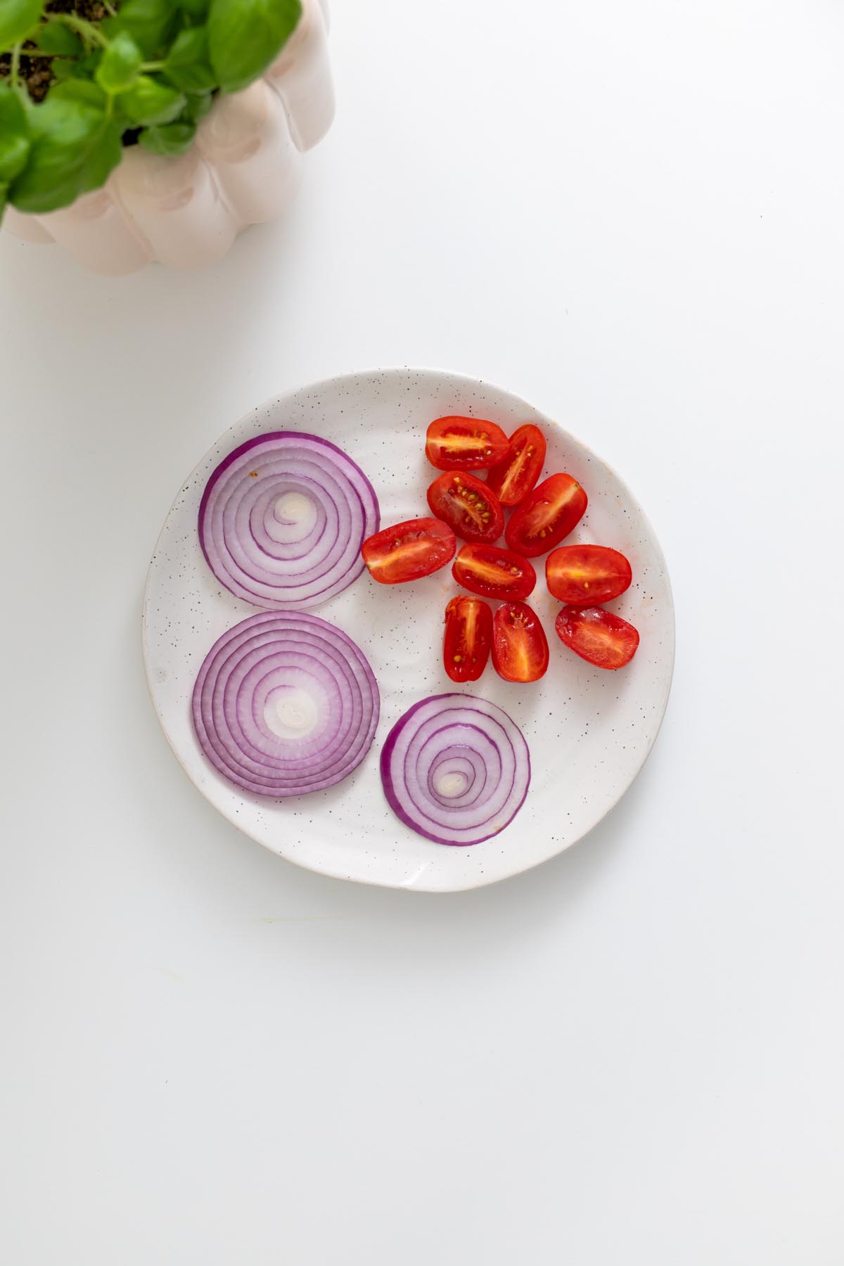 Red onion slices arranged on a white plate