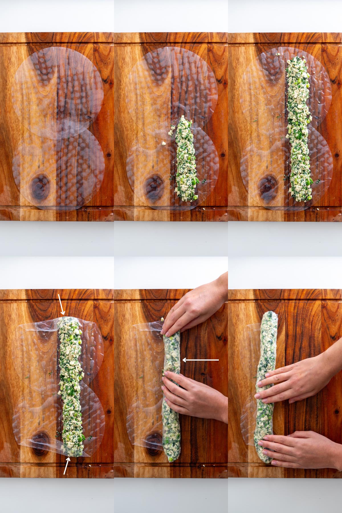 Step-by-step process of filling and rolling rice paper sheets for spanakopita, shown on a wooden board with Sarah Cobacho holding the sheets