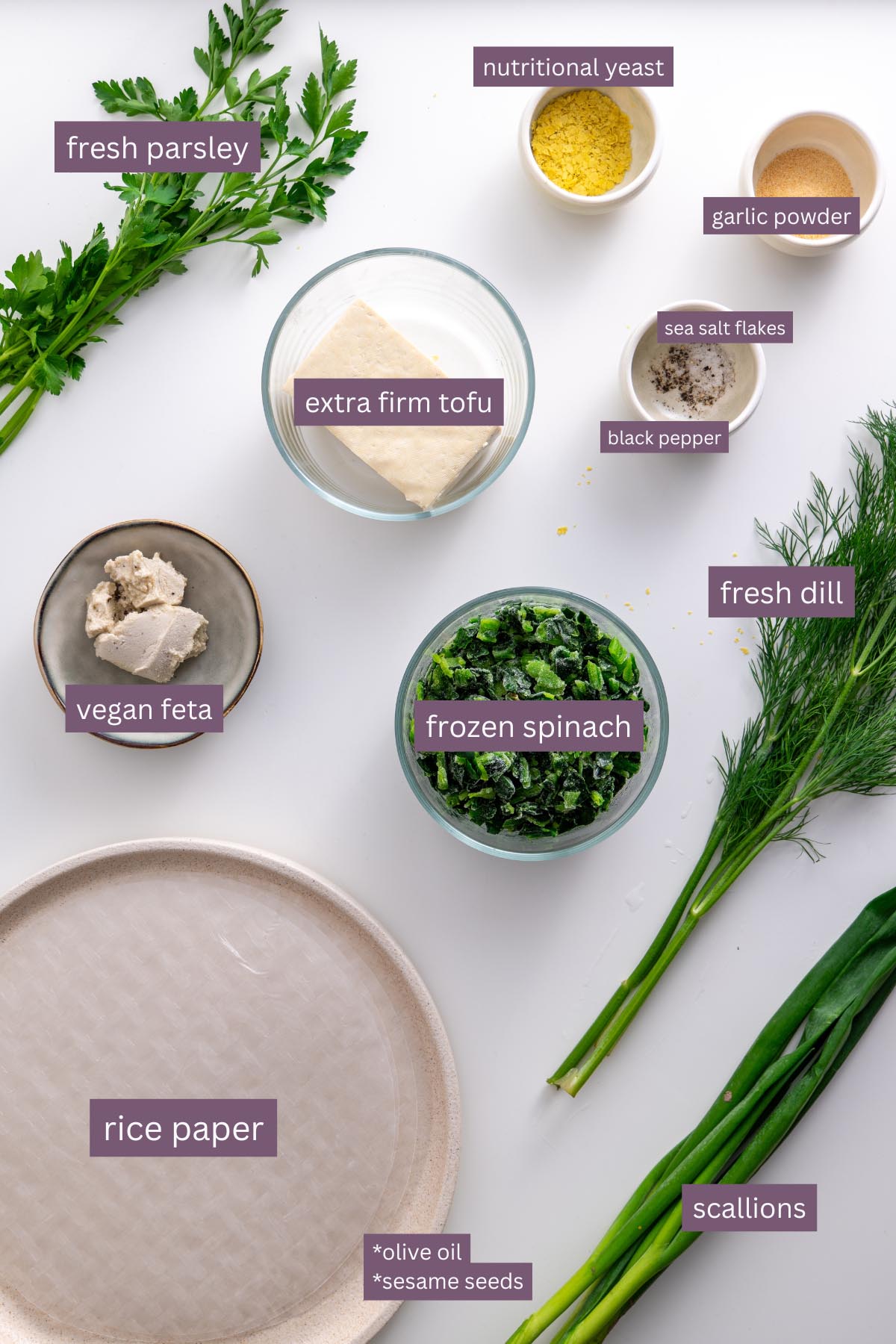 Vibrant ingredients for rice paper roll spanakopita on a white surface including tofu, spinach, herbs, and seasonings