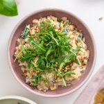 Top view of creamy zucchini and beans with fresh arugula garnish
